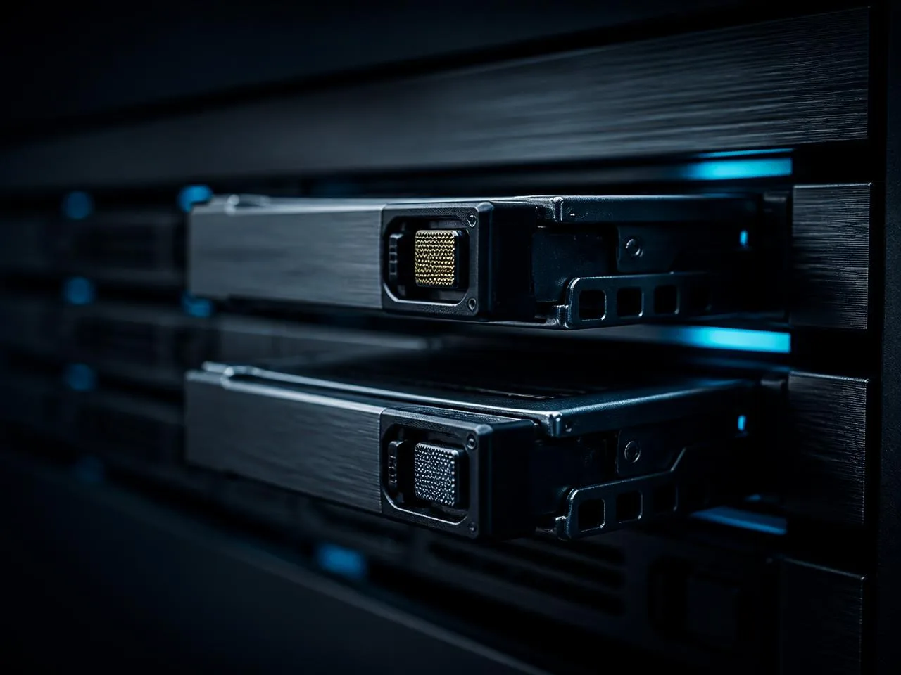 Close view of enterprise NVMe drive carriers in a storage array